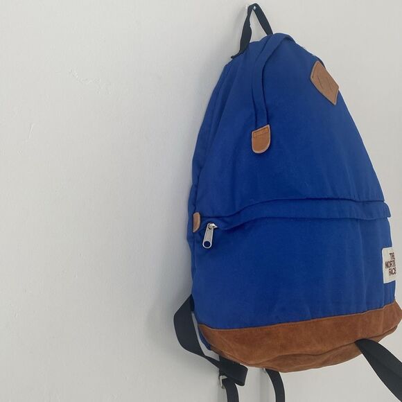 Vintage The North Face Blue Brown Backpack Suede Bottom Panel Retro Design - Picture 6 of 15